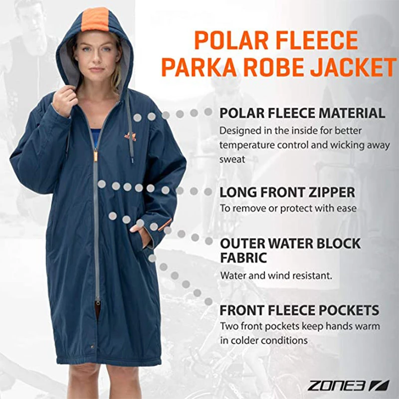 Zone3 - Polar Fleece Parka Robe Jacket - Navy/Grey/Orange - Image 15